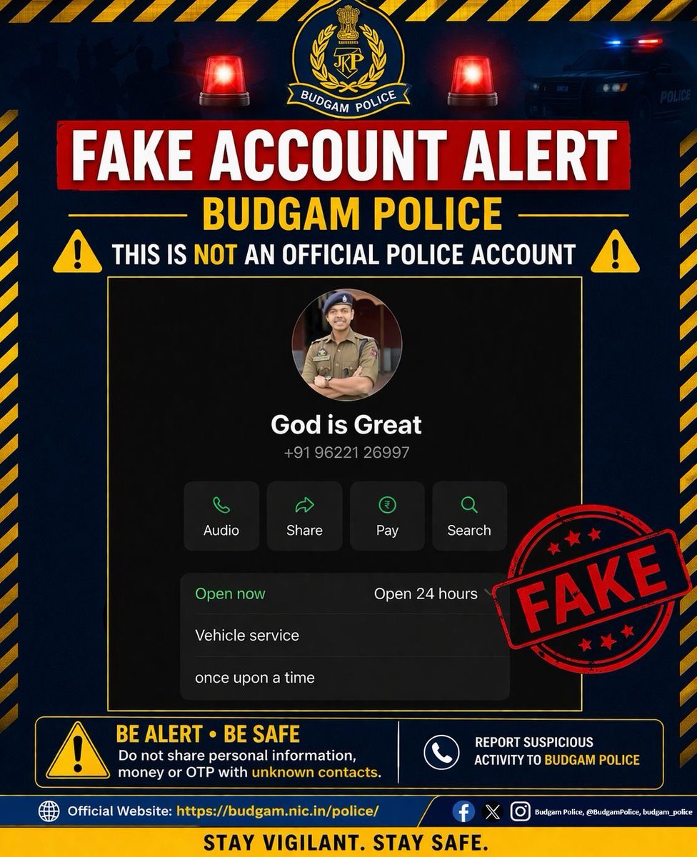 BudgamPolice's tweet image. Budgam Police registered FIR against an individual for impersonating SSP Budgam through a fake WhatsApp account to influence the public. Investigation underway. Public is advised to stay vigilant and report suspicious activity.
#BudgamPolice 
#CyberCrime 
#StayAlert