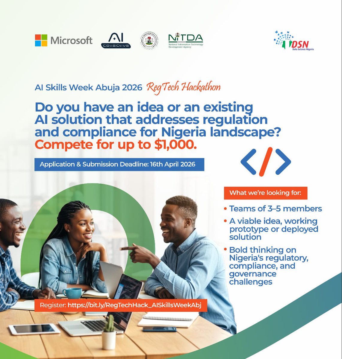 3MTTNigeria's tweet image. Nigeria has a solutions gap, not a compliance problem.

Build AI solutions. Win $1,000.

RegTech Hackathon @ AI Skills Week Abuja 2026
Apply: bit.ly/RegTechHack_AI…

#AISkillsWeekAbj #Hackathon #RegTech