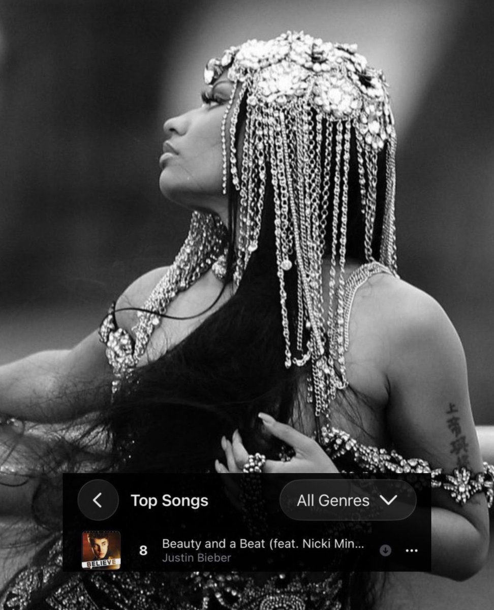 seasonmaraj's tweet photo. .@NICKIMINAJ extends her record as the female rapper with the MOST Top 10 hits in the charts history

– “Beauty And A Beat” becomes her 36th Top 10 on the US Apple Music. The song is currently at #8 reaching a new peak after 14 years 🇺🇸 https://t.co/jhI42hNRfg