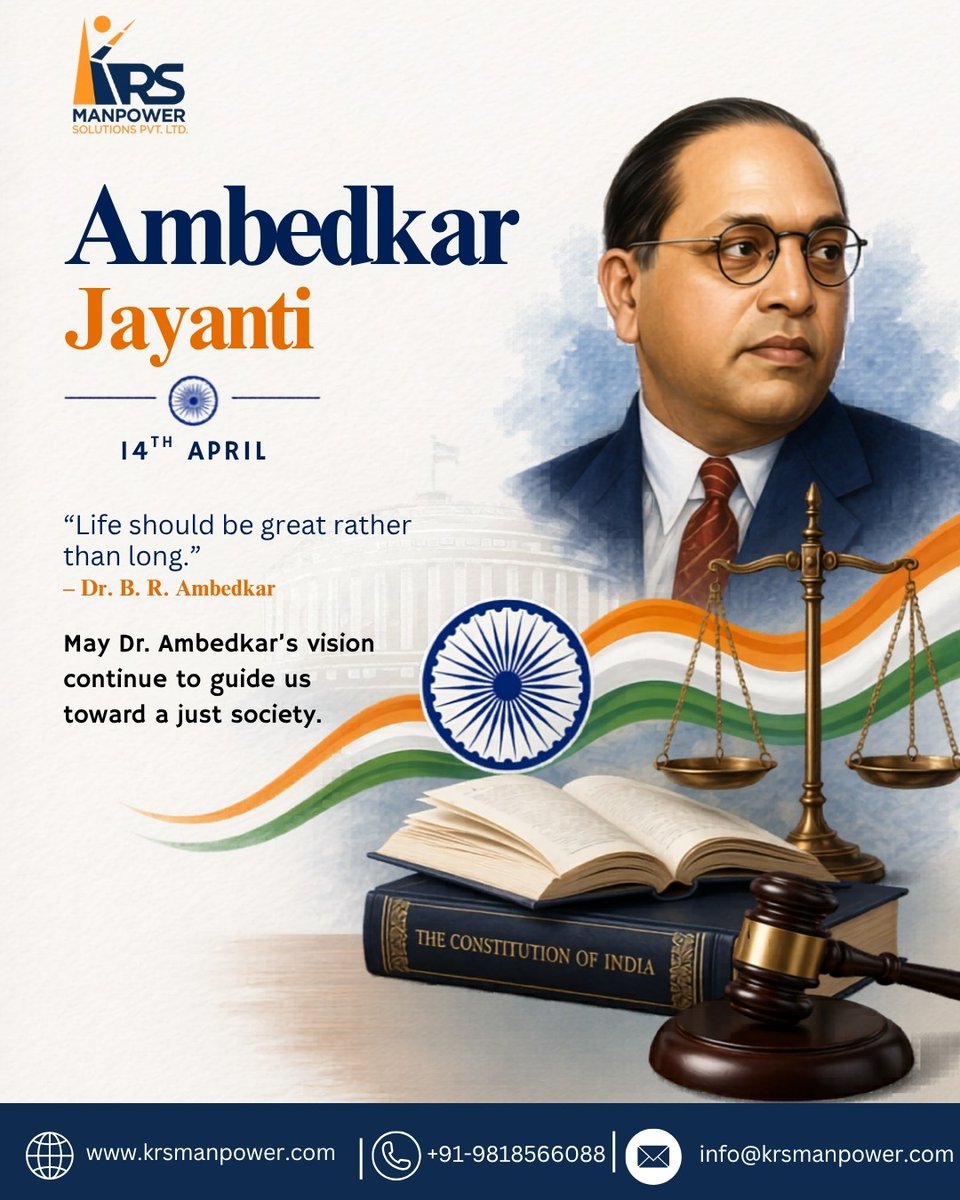 KrsManpower's tweet photo. Honoring Dr. B.R. Ambedkar on his birth anniversary. His vision of equality, justice, and education continues to inspire generations. Let’s uphold his ideals and build an inclusive society. 📘🙏

#AmbedkarJayanti #DrAmbedkar #Equality #SocialJustice #Inspiration #HumanRights https://t.co/cggW79PnrW