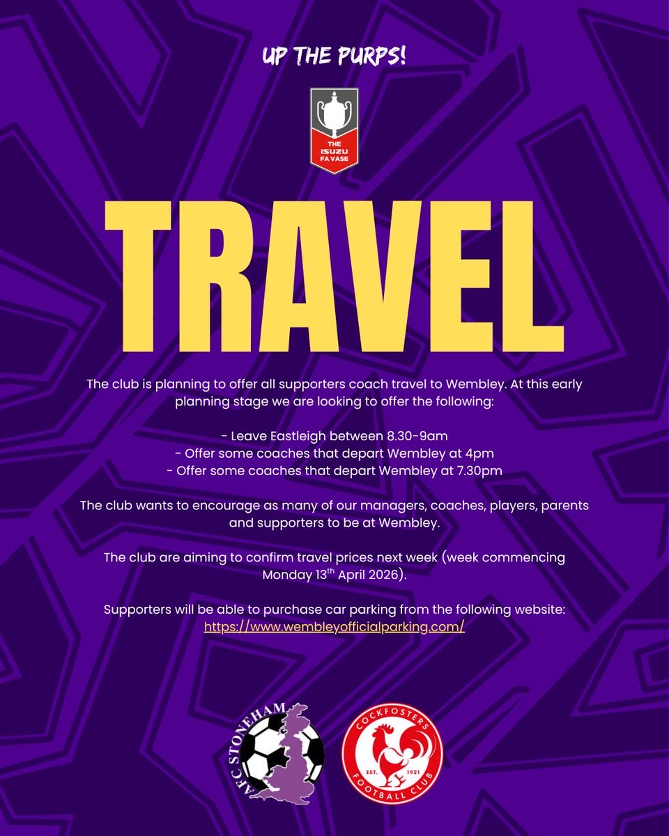 A fantastic response for tickets so far but just a reminder The Isuzu FA Vase Final tickets are now on sale! 

Tickets can be purchased via wembleystadium.com/tickets

#UpThePurps ⚽️💜🏆