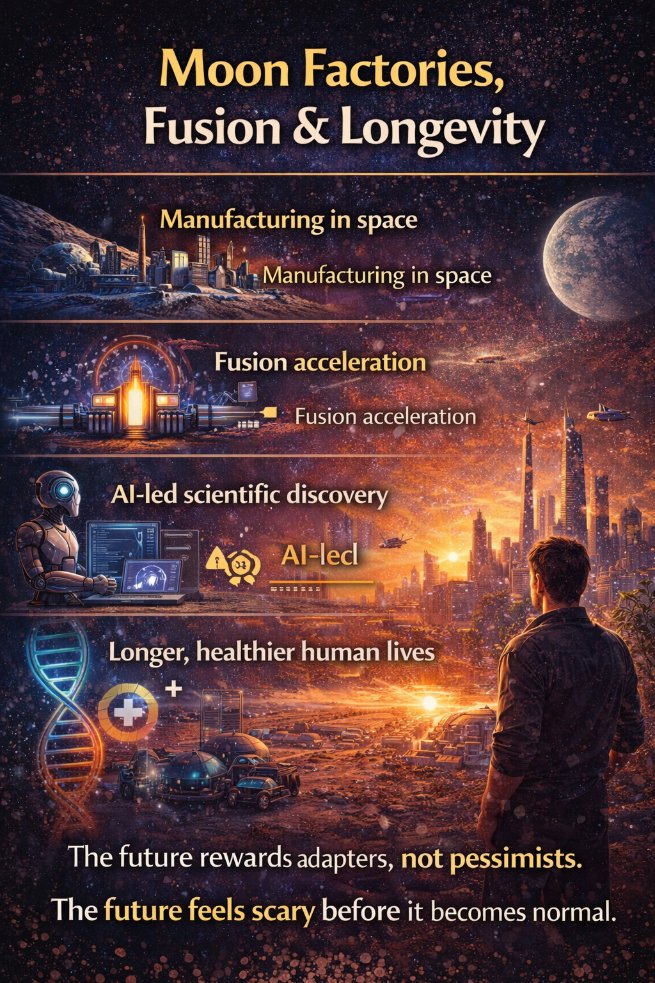 NageshN13558653's tweet image. The future feels scary before it feels normal.

AI, fusion, moon factories, and longer lives may feel distant today.
But history shows big shifts often become everyday life.
The winners adapt early, learn fast, and build with what’s coming.

#AI #Future #Innovation #Technology