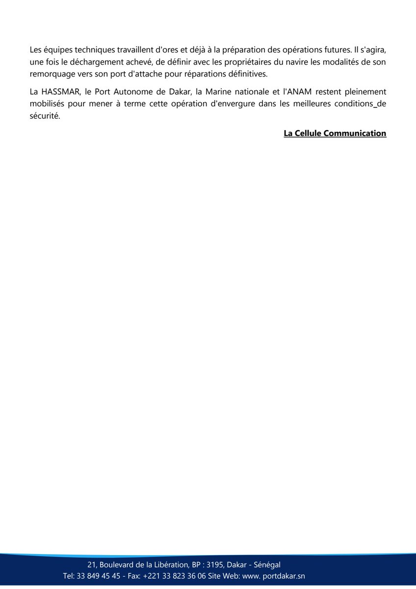 portdakar's tweet photo. Communiqué de presse
Un point de situation sur le navire Mersin . Les opérations de sécurisation et de déchargement avancent de manière maîtrisée.#comdecrise #securiteenmer #ProtectionDeLaMer #hassmar #Anam https://t.co/TmAnBkbVID