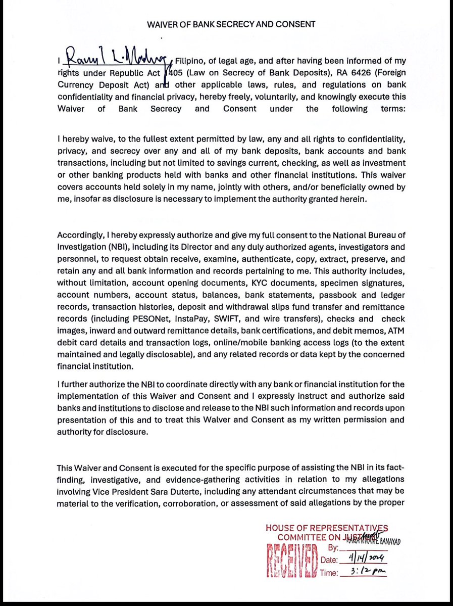 jesusfalcis's tweet image. LOOK: Ramil Madriaga’s bank secrecy waiver fresh off the hearing.

Walang ganyan si Rodrigo Duterte at Alan Peter Cayetano na pekeng pumirma nuong 2016! 😂

Sara Duterte, we challenge you to sign a bank secrecy waiver. 👊

#ImpeachSara