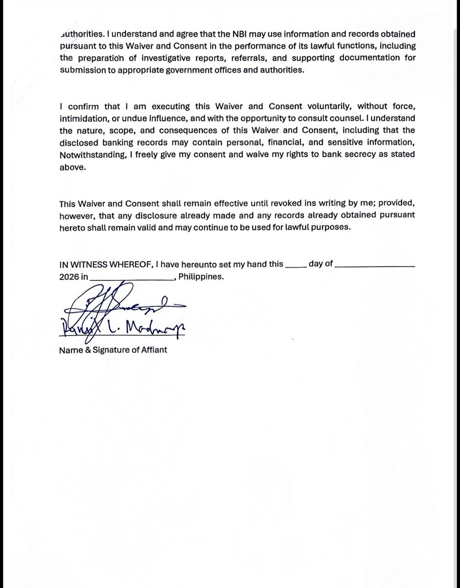 jesusfalcis's tweet image. LOOK: Ramil Madriaga’s bank secrecy waiver fresh off the hearing.

Walang ganyan si Rodrigo Duterte at Alan Peter Cayetano na pekeng pumirma nuong 2016! 😂

Sara Duterte, we challenge you to sign a bank secrecy waiver. 👊

#ImpeachSara