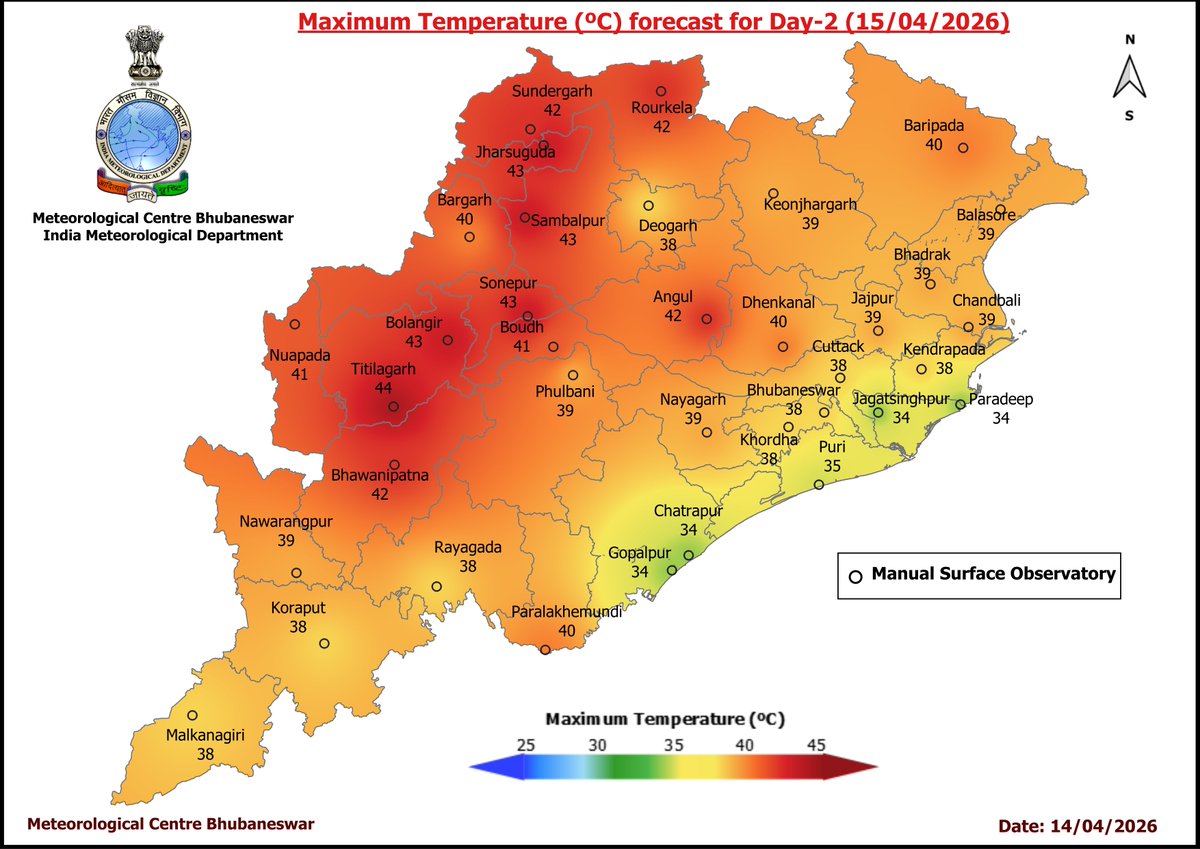 mcbbsr's tweet image. Maximum Temperature Forecast for next 5 days
#Odisha #hot #temperature