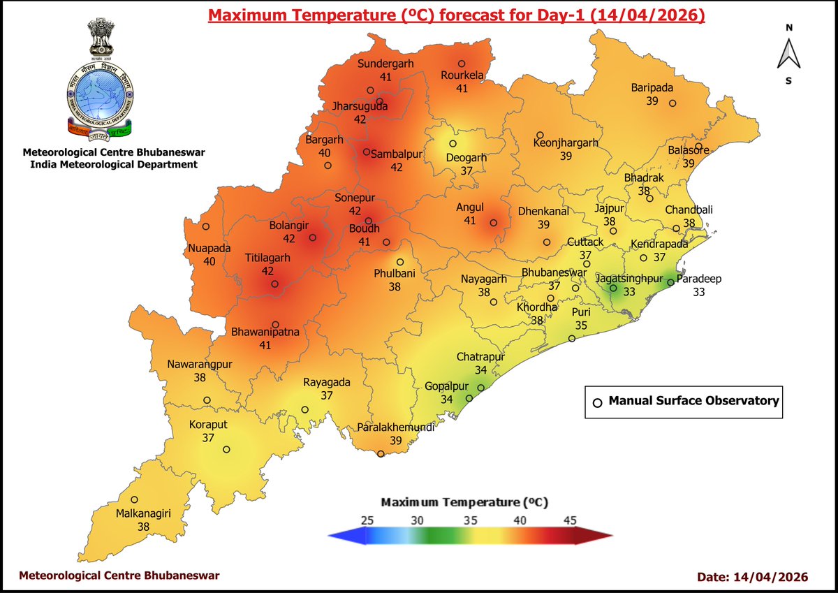 mcbbsr's tweet image. Maximum Temperature Forecast for next 5 days
#Odisha #hot #temperature