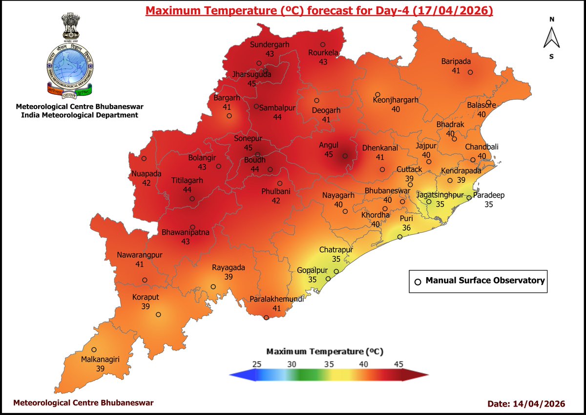 mcbbsr's tweet image. Maximum Temperature Forecast for next 5 days
#Odisha #hot #temperature