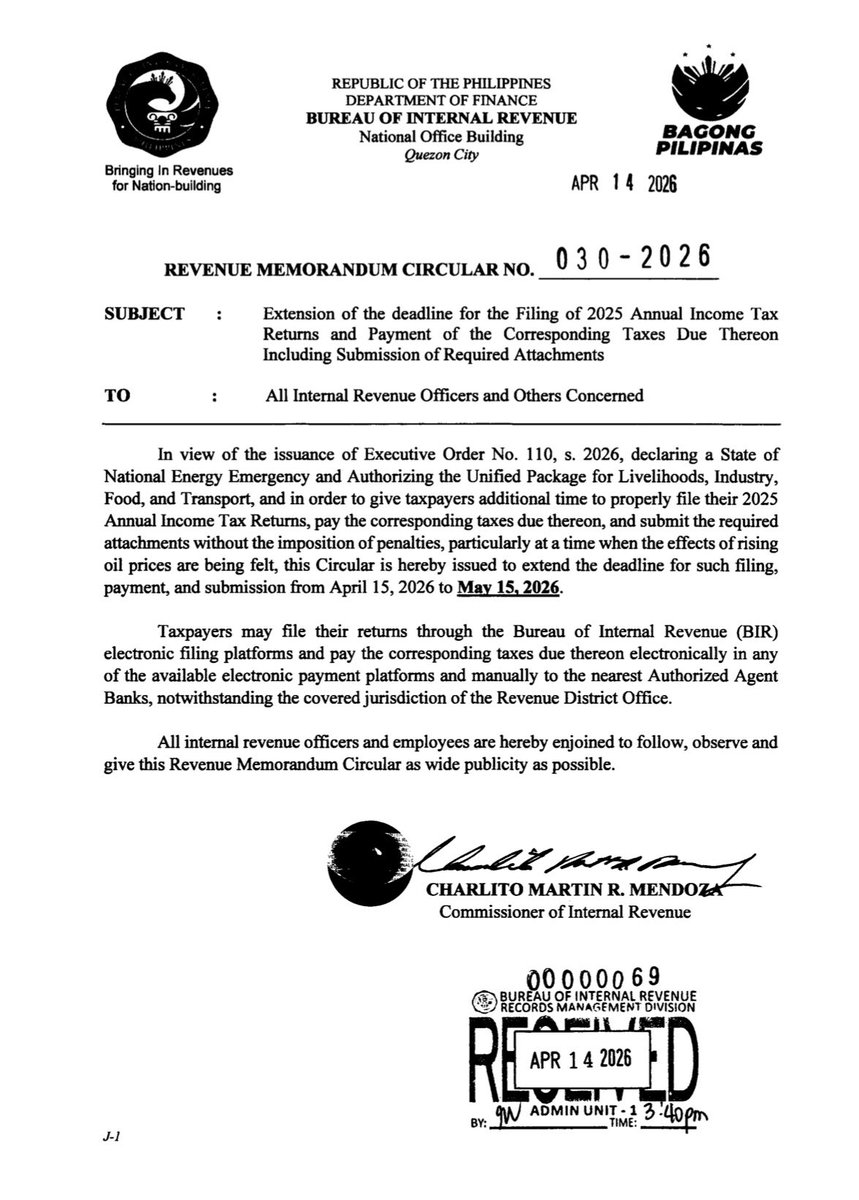 RMC No 030-2026 extending the deadline for ITR filing from April 15 to May 15, 2026