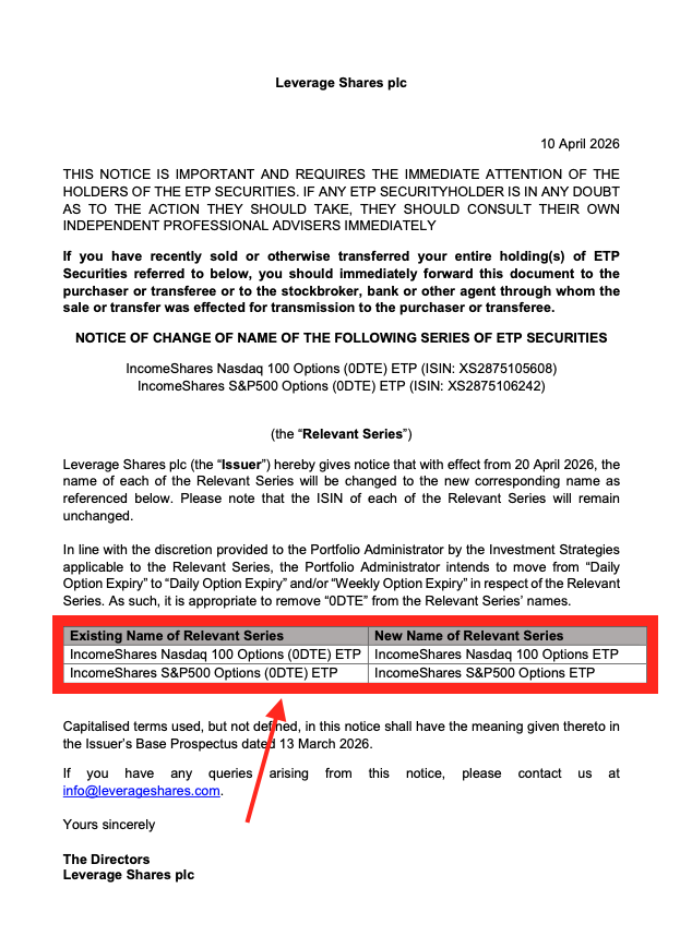 OKavrak's tweet photo. UPDATE on the names of our S&P 500 and Nasdaq-100 Options ETPs:
→ the "0DTE" label is being removed, effective 20 April 2026.
The ETPs will now have flexibility to sell options expiring beyond the same day, including weekly expiries.
This is designed to improve upside capture relative to the previous approach.
Full notice below.