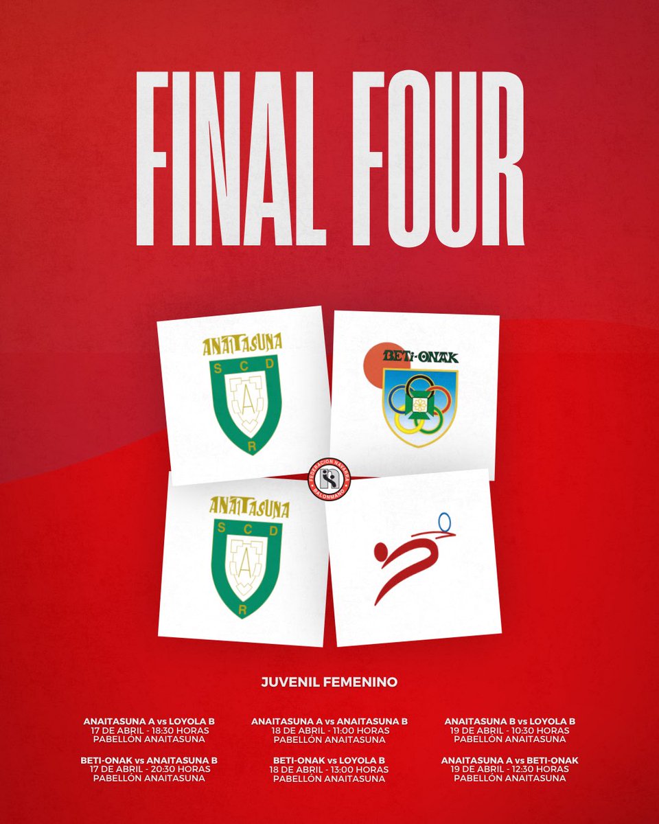 FNBalonmano's tweet photo. 👉🏽 Este viernes comienza la ‘Final Four’ Juvenil Femenina en el Pabellón Anaitasuna, donde Anaitasuna A, Anaitasuna B, Beti-Onak y Loyola B lucharán por el título liguero.

¡Suerte a los equipos clasificados! Zorte on! https://t.co/w0HP9aVF31