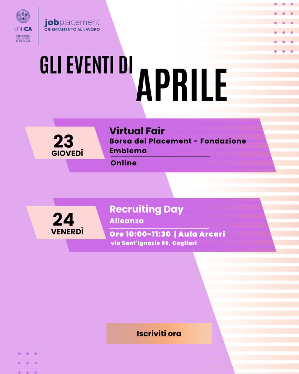JobUnica's tweet photo. Segna in calendario i prossimi eventi in programma promossi dall’Ufficio UniCa Job Placement: 
 
 🗓️Iscrizioni ai singoli eventi tramite 𝗶𝗹 𝗹𝗶𝗻𝗸:

https://t.co/9uebVwfaJN https://t.co/9LDNJmgkMs
