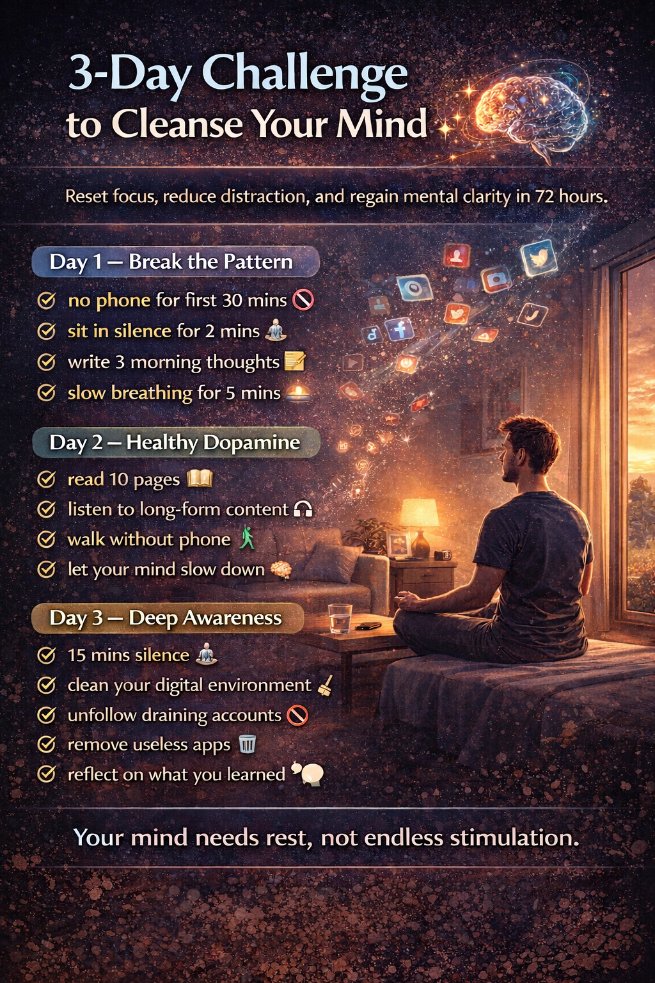 NageshN13558653's tweet image. Your mind needs less noise, not more motivation.

Try this 3-day reset:
break the pattern, rebuild focus, and deepen awareness.
In just 72 hours, you may feel calmer, clearer, and more in control again.

#MentalClarity #Focus #Mindset #SelfImprovement