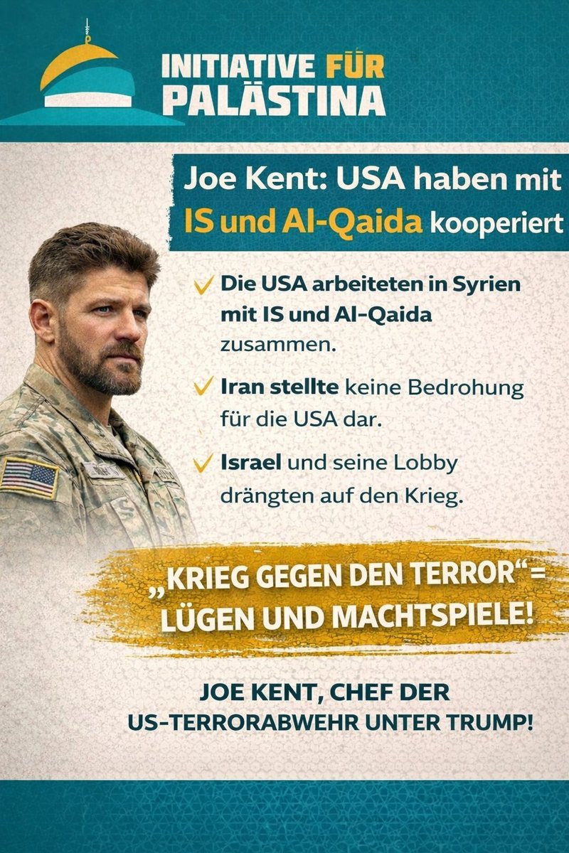 Joe Kent, ehemaliger Chef der US-Terrorabwehr unter Trump, sagt offen: Die USA arbeiteten in Syrien mit IS und Al-Qaida zusammen.
Aber klar… der „Krieg gegen den Terror“ ging natürlich immer nur gegen Terror.
Und Iran? Laut Kent keine Bedrohung für die USA.
Trotzdem Krieg,