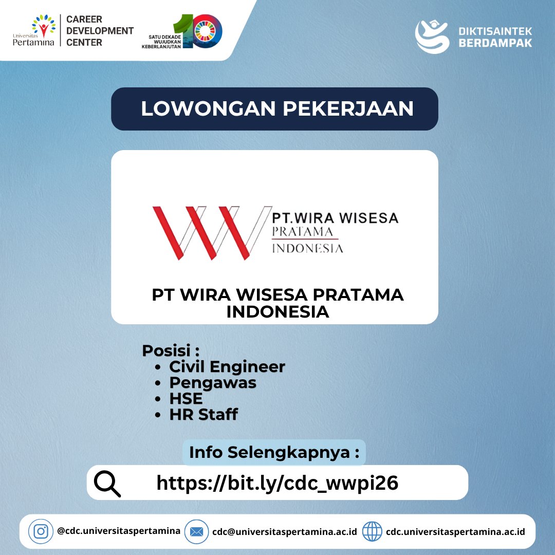 cdc_uper's tweet photo. Lowongan Pekerjaan PT WIRA WISESA PRATAMA INDONESIA  

Posisi:  1. Civil Engineer 
2. Pengawas 
3. HSE 
4. HR Staff  

Batas pendaftaran: 30 April 2026 
Info selengkapnya: https://t.co/saNVveu7tp https://t.co/t6UW7OziVj