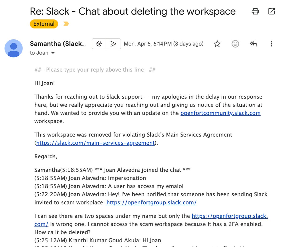 joalavedra's tweet photo. Over the past couple of weeks, I’ve been dealing with a serious impersonation incident involving my identity, my profiles, and @openfort_hq.

Attackers used my name and the company’s name to contact people through LinkedIn and Slack, including outreach that appeared to come directly from me. In some cases, they also created parallel Slack workspaces such as https://t.co/V0UG9TJEUC and used email addresses like joan.alavedra@proton.me and telegram profiles like @thisisjoan to invite people into conversations that looked legitimate.

Based on what I know today, this appears to have involved unauthorized access to active sessions and misuse of my online identity. I want to be careful not to overstate the technical root cause publicly while the review is still ongoing, but the practical outcome was clear: people received messages, invites, and requests that appeared to come from me or Openfort when they did not.

As soon as I became aware of it, I took immediate action to revoke access, rotate credentials, clean affected systems, and regain control of the accounts and environments involved.

This has been frustrating on a personal level and damaging on a company level. It is not easy to see your own name and your company’s name used in screenshots tied to attacks you had nothing to do with.

A big thank you to everyone who reached out quickly and flagged suspicious messages. That made a real difference and helped us respond faster.