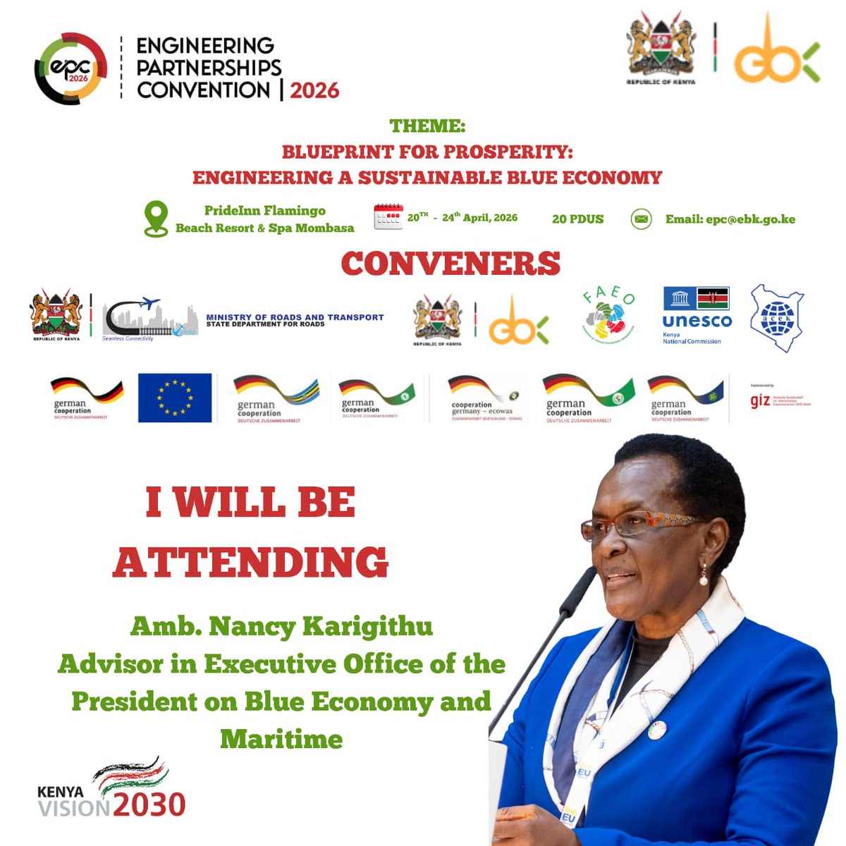 EngineersBoard's tweet image. 1 Week to Go

Final preparations are underway.
Have you secured your spot at EPC 2026?

Convention Details: 
🗓️: 21st–24th April 2026 
🎓: 20 PDUs

🔗 Register: epc2026.ebk.go.ke  
Email 📧 epc@ebk.go.ke
 
#EPC2026 #BlueprintForProsperity #BlueEconomyKe