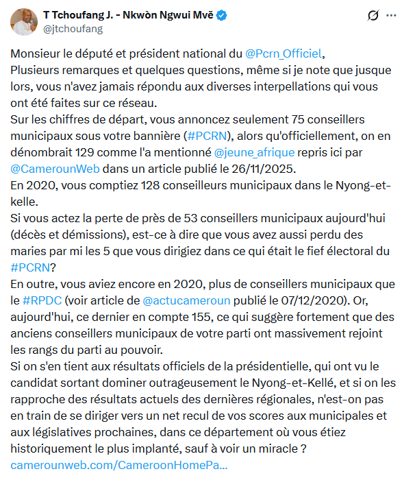jtchoufang's tweet photo. Comment faites-vous pour arriver à débattre sur l'origine des membres d'un parti, et surtout, pour glisser dans l'imposture du lien culturel?
Le siège du #PCRN se trouve à Yaoundé, même si le parti fait le choix de tenir ses congrès de manière délocalisée, n'importe où sur le territoire. Ceci est une singularité à apprécier.👍
Par contre, son fief électoral, entendu l'endroit où il a la majorité de ses élus, est bien concentré en un seul et unique département, celui du Nyong et Kellé, qui historiquement, était le fief électoral de l'#UPC, la mouvance qui appartient et revendique être de la majorité présidentielle!
En effet, le PCRN a 3 de ses 5 députés issus de ce département, donc son président et chef de file.
Puis il avait 129 de ces 207 conseillers municipaux élus toujours dans ce même département, avec 5 mairies sur le total de 7 qu'il avait raflées en 2020.
Entre-temps, l'eau a coulé sous les ponts, et surtout, il y a eu un départ clair d'au moins deux maires et plusieurs dizaines de conseillers municipaux, pour rejoindre le RDPC.
Le nombre de conseillers municipaux dans le Nyong et Kelle est ainsi tombé à 75, comme l'a lui-même constaté le président du parti, à l'issue des élections régionales perdues par son parti, pour la 2e fois de suite, alors qu'en 2020, le PCRN disposait de plus de grands électeurs que le RDPC.
https://t.co/1qUXckjE5I
Le directoire du PCRN interpellé plusieurs fois sur le sujet, n'a jamais daigné apporté de réponse officielle claire.
En outre, le PCRN aurait reculé fortement devant le RDPC, lors de la présidentielle d'octobre 2025, car son score (rapporté au score personnel de son candidat qui s'était présenté en 2018 sous la bannière du parti Univers) bien qu'en léger recul en nombre de voix (il était arrivé premier en 2018), est au moins deux fois plus faible que le score stratosphérique réalisé par Biya, selon une source proche du pouvoir (38.559 voix et 67,62% des suffrages exprimés). Or, au mons deux autres sources dont Danielle ESSISSIMA (sur sa page Facebook) et la fiche du résultat sorti des urnes partagée par l'UPC2025 de Tchiroma, donnaient des scores plus tenus, avec néanmoins 16.058 voix à Biya (46,51%), devant Libii donné à 16.015 voix (46,39%).
Ce fil en parle avec les extraits en encadré.
https://t.co/wH1abFfauz
On soulignera que le président national du PCRN n'a jamais contesté les résultats des élections, et donc, il a de facto entériné son score officieux et/ou officiel dans le Nyong et Kellé, où il aurait donc perdu contre le sortant Biya. Ceci interroge la mobilisation que son parti évoque pour les prochaines élections, qui devraient naturellement être remportées par le #RDPC en particulier dans le Nyong et Kellé, car porté par sa mouvance à la présidentielle et aux régionales.
Ce sont les faits, et rien que les faits.