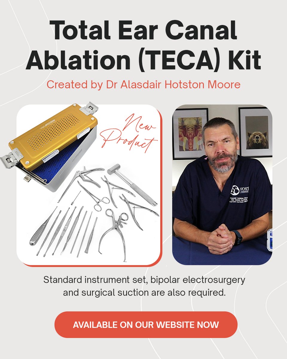 MovoraUK's tweet image. 📢 New to our product catalogue: the Total Ear Canal Ablation (TECA) Kit. This kit has been put together by Alasdair Hotston Moore FRCVS

Visit our website to buy the TECA kit today - movora.co.uk/instruments/ki…

#VeterinarySurgery #TECA #VeterinaryEducation #SurgicalInnovation