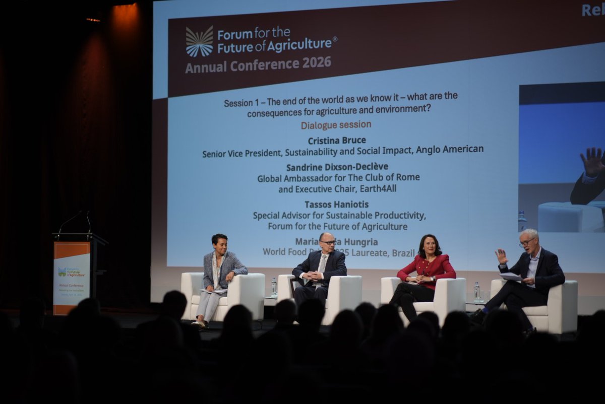 ForumForAg's tweet photo. We open the discussion at #ForumforAg with a reality check.
Agriculture today sits at the intersection of geopolitics, energy, trade, climate and the pressure points are no longer isolated. Disruptions ripple across systems, shaping food availability, affordability, and stability at a global scale.
Moderating this session is @Stephen Sackur, International Broadcast Journalist.
We welcome our panelists to the stage:
- Cristina Bruce, Senior Vice President, Sustainability and Social Impact, @Anglo American;
- Sandrine Dixson-Declève, Global Ambassador for The Club of Rome and Executive Chair, @Earth4All;
- Tassos Haniotis, Special Advisor for Sustainable Productivity, @Forum for the Future of Agriculture;
- Mariangela Hungria @biotecsolo, World Food Prize 2025 Laureate
Link in comments 👇