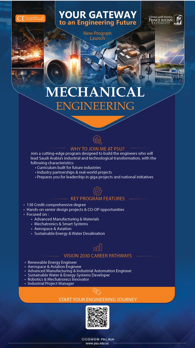PSU_RUH's tweet photo. To stay aligned with the Fourth Industrial Revolution and cutting-edge smart manufacturing, #PrinceSultanUniversity's College of Engineering is introducing a Mechanical Engineering program. This program aims to prepare engineers to spearhead innovations in robotics, mechanical systems, energy, and sustainability.