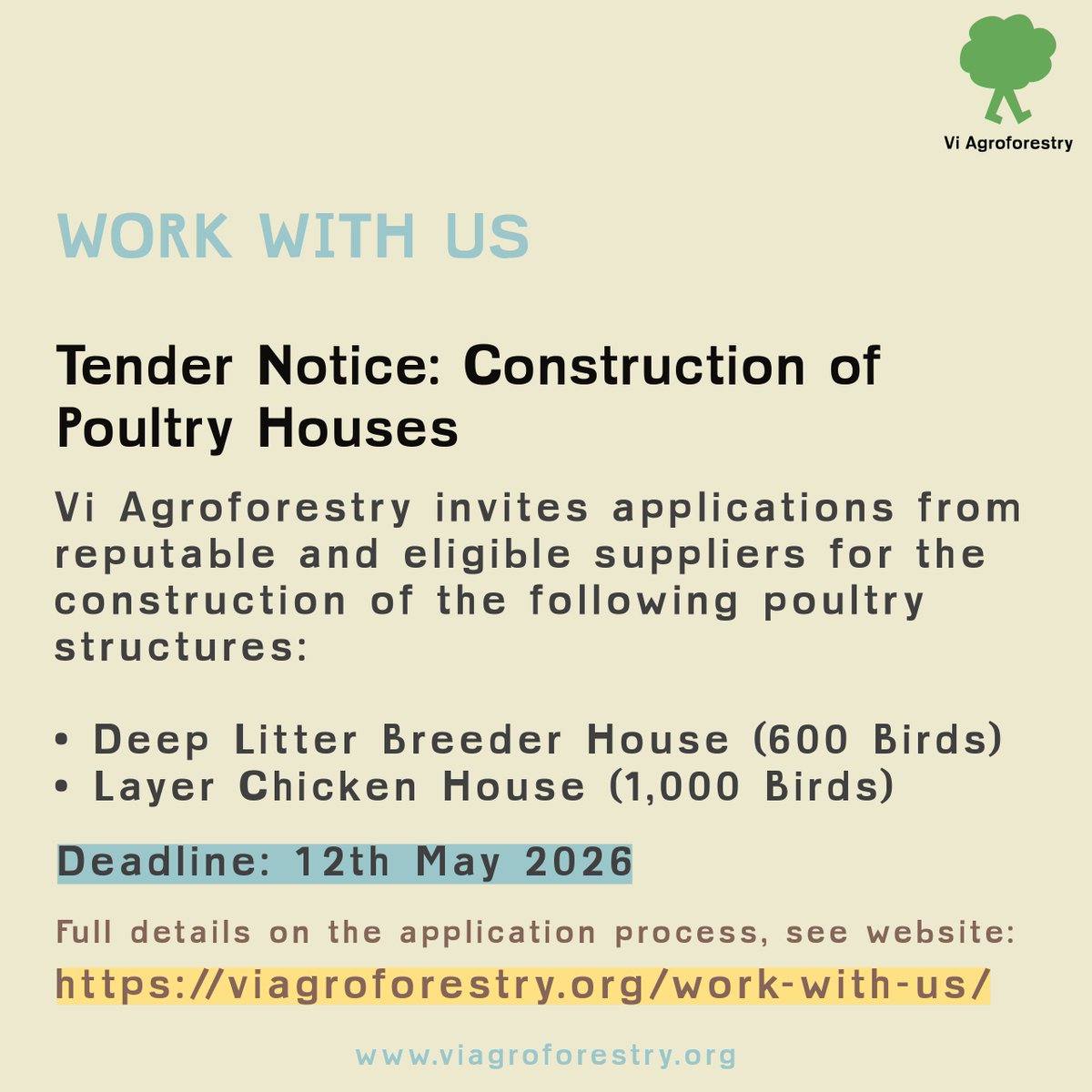 ViAgroforestry's tweet image. 📢 Tender Notice
Vi Agroforestry invites bids for construction of a Deep Litter Breeder House (600 birds) and a Layer Chicken House (1,000 birds).
🗓 Deadline: 12 May 2026 | 5 PM
🔗 viagroforestry.org/work-with-us/
#Tender #Procurement #ViAgroforestry #Poultry