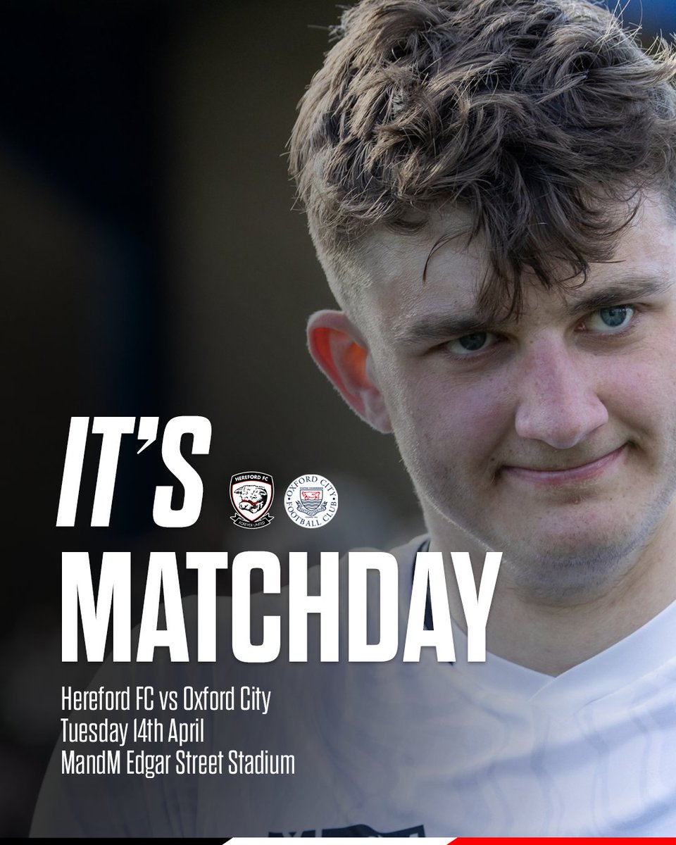 HerefordFC's tweet image. MATCHDAY 🏠 | All eyes on a home win 👀

🆚 @OxCityFC
🏟️ MandM Edgar Street Stadium
🕒 7:45pm
🎟️ herefordfc.ticketco.events
📲 herefordfc.co.uk/match-live
📻 @RadioHerefordFC
🏆 National League North

#COYW | #OurCity