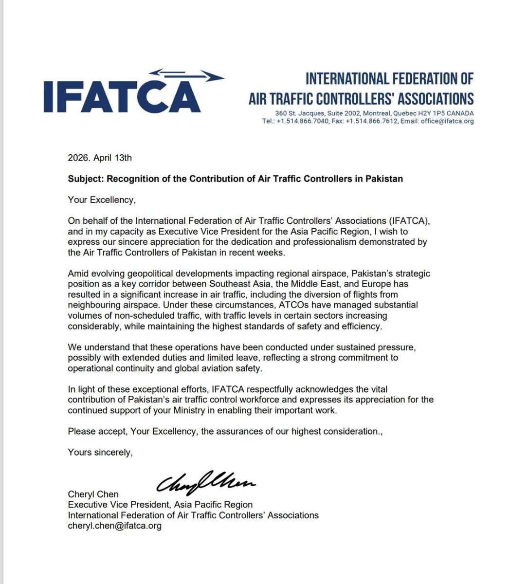 Pk_PAA_Official's tweet image. Global recognition for Pakistan’s Air Traffic Controllers ✈️ Intl Federation of Air Traffic Controllers' Associations commends Pakistani ATCOs for maintaining top safety and efficiency standards despite increased air traffic and regional pressures.
#PAA #Aviation #ATC #Pakistan