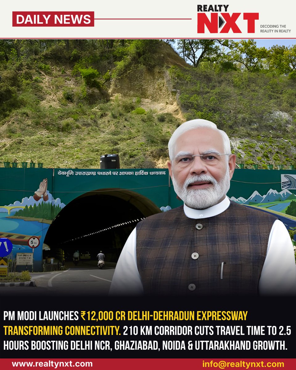 RealtyNXT's tweet image. #News | PM @narendramodi inaugurates ₹12,000 crore Delhi-Dehradun Expressway, reducing travel time to 2.5 hours and boosting connectivity across Delhi NCR and Uttarakhand region.

#RealtyNXT #Expressway #Connectivity #Infrastructure #Mobility #Development