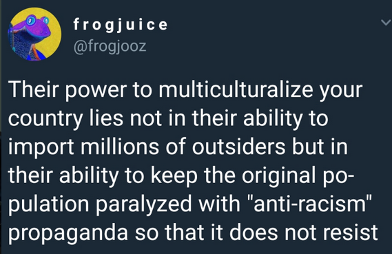 SerenaJB3's tweet photo. Of course I'm 'racist' (AKA have ingroup preference). Everyone is, you included. Only White people get criticised and nagged for this because of the wall-to-wall antiWhite propaganda that's been forced down our throat for decades to make us compliant with mass non-White immigration.