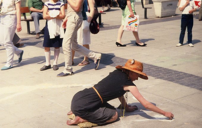 No1tingham's tweet image. Sally Freeman, pavement artist and newspaper seller, #Nottingham, c.1985.