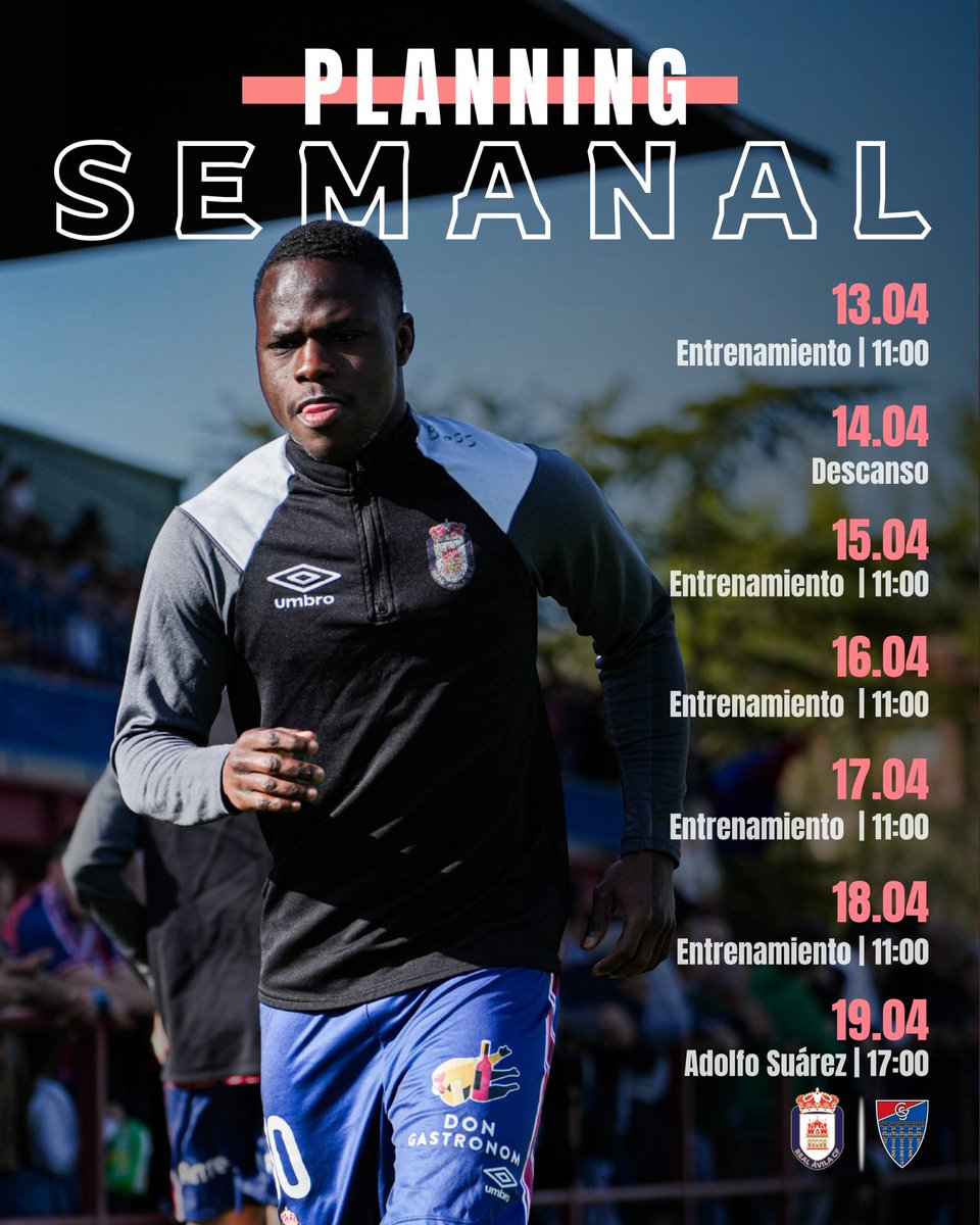 RealAvilaCF's tweet photo. 🔴 PLANNING SEMANAL | J32 🔵

Nuestro plan semanal con el que nos prepararemos para la Jornada 32.

¡VAMOS! ❤️💙 https://t.co/83ARBMCFiW