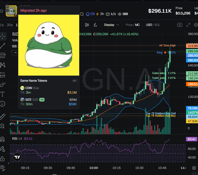 badattrading_'s tweet image. $SIZE (CA 72AyWfN3CWf3Q9h5DorqVmYnkjaAgCZjrTuB73JGpump) doesn't have snipers, insiders have 4.5% per devsnightmare. freakpay.sol, Loopierr, Sebastian, emotionless, Trust, Bandit, dontcopytrade, burgererc20 are in top 100 holders.

A time node cluster has 5.6% on the bubblemap.