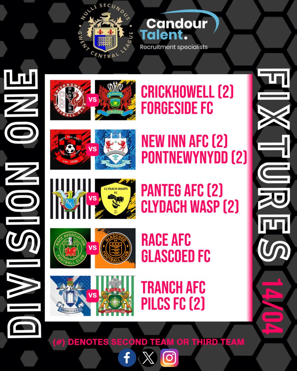 LeagueGwent's tweet photo. ⚽🔥 𝐓𝐇𝐈𝐒 𝐓𝐔𝐄𝐒𝐃𝐀𝐘 𝐍𝐈𝐆𝐇𝐓 𝐅𝐈𝐗𝐓𝐔𝐑𝐄𝐒 🔥⚽

@CandourTalent  

🏆 𝐃𝐈𝐕𝐈𝐒𝐈𝐎𝐍 𝐎𝐍𝐄 🏆

@CrickhowellFC (2) 🆚 @forgesideafc 
@NewInnAFC (2) 🆚 @PontnewynyddAFC (2)
@PantegAFC (2) 🆚 @ClydachWasps (2)
@RaceAFC 🆚 @GlascoedFC 
@AfcTranch 🆚 @PilcsFC (2) https://t.co/hsFscjyKML