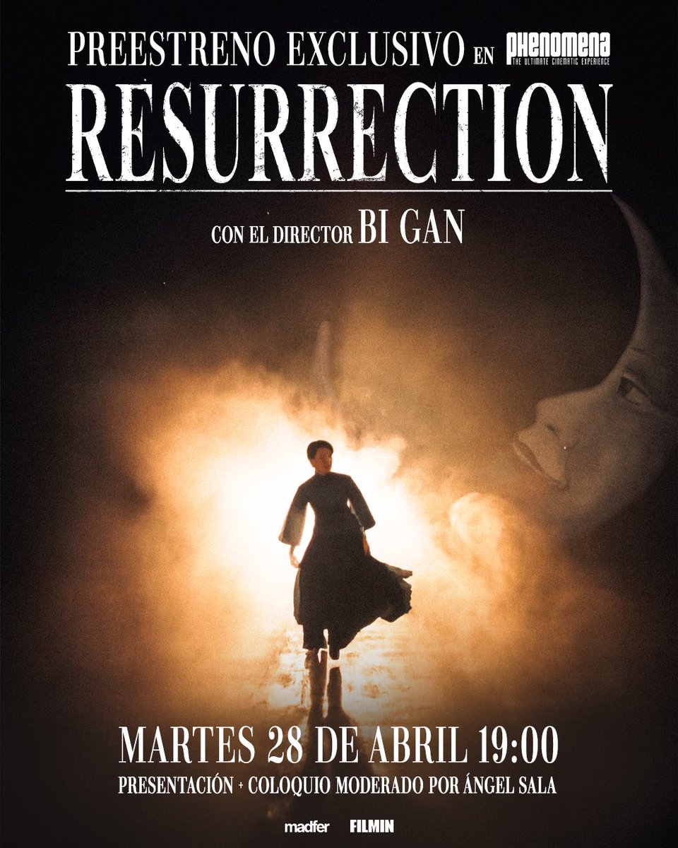 Preestreno exclusivo de RESURRECTION con el director Bi Gan en <a href="/PhenomenaExp/">Phenomena Experience</a>.

Martes 28 de abril a las 19:00. Presentación y coloquio con Bi Gan moderado por <a href="/aangelsala/">Angel Sala</a> (director del <a href="/sitgesfestival/">Sitges Film Festival</a>).

🎟️Entradas: l1nq.com/phenomena-resu…

En colaboración con <a href="/lpafilmfestival/">LPA Film Festival</a>.