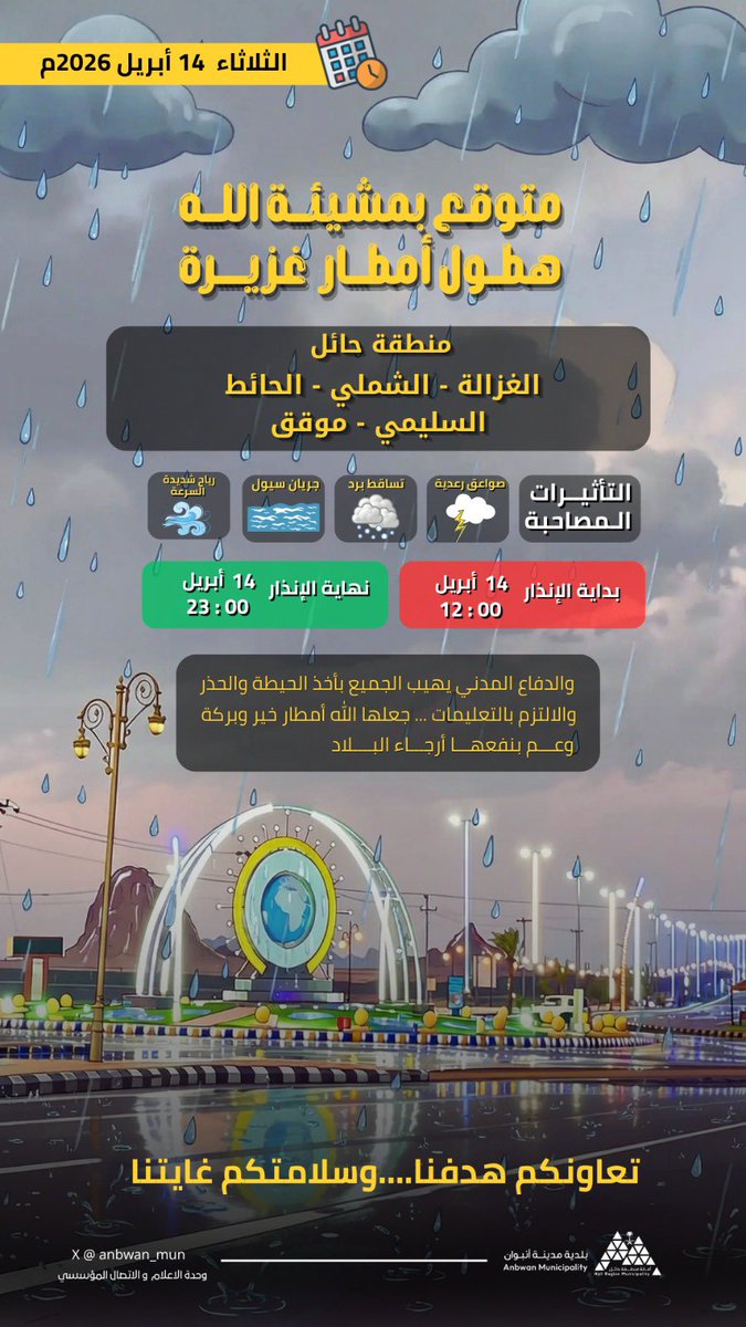 anbwan's tweet photo. • #أنتم_أمانة

تنبيه مهم لسلامتكم في الأجواء الممطرة ⛈️
يرجى اتباع إرشادات الجهات المختصة،
والإبلاغ عن التجمعات المائية التي قد تشكل خطورة .

🗓️ الثلاثاء 14 أبريل 2026م

🚗 انتبهوا يا بعد حيي.. سلامتكم تهمنا 🤍

#بلدية_مدينة_انبوان
#أمانة_منطقة_حائل https://t.co/8cTCcrCGne