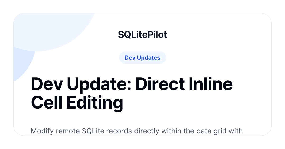 Hi_Im_Martins's tweet image. Modify remote ☁️ SQLite records directly within the data grid. Introducing inline edit: app.sqlitepilot.com/blog/inline-ed…

The goal of SQLitePilot has always been to remove the friction when managing remote production data.

#sqlite #buildinpublic #indiesaas #indiehackers