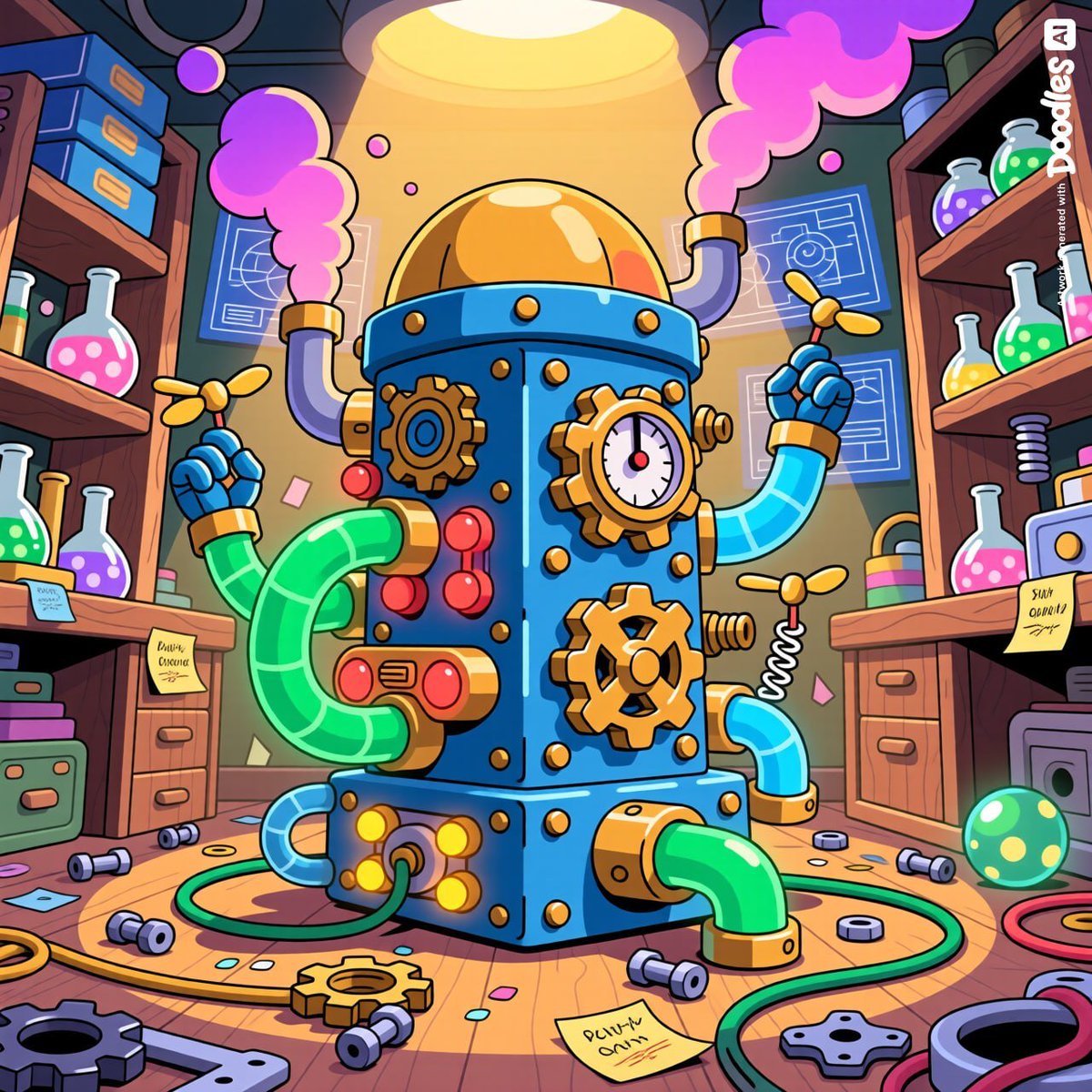 NathanOyewole's tweet photo. Meet the Chaos-O-Matic 9000 - where gears spin, smoke pops, and brilliant nonsense is manufactured on demand!
#DoodlesAI #Contraptions https://t.co/gPLrlDdYWf