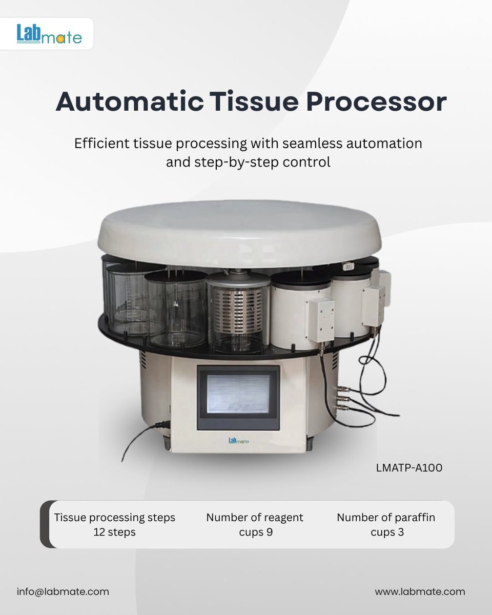 labmateINC's tweet image. Automatic Tissue Processor LMATP-A100 automates tissue processing with a touchscreen interface, ensuring consistent results and uniform immersion.

info@labmate.com

Learn More: labmate.com/automatic-tiss…

#Labmate #TissueProcessor #AutomaticTissueProcessor