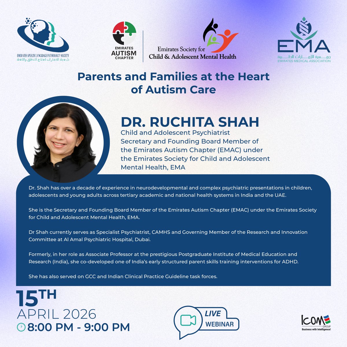 EmiratesSlp's tweet photo. Because family is the strongest support system.
Join us for an insightful live webinar with Dr. Ruchita Shah, a leading Child and Adolescent Psychiatrist, as we discuss why parents and families are truly at the heart of #autism care.

Registration is FREE: https://t.co/kZOASKefd4 https://t.co/6DShzhSwFW