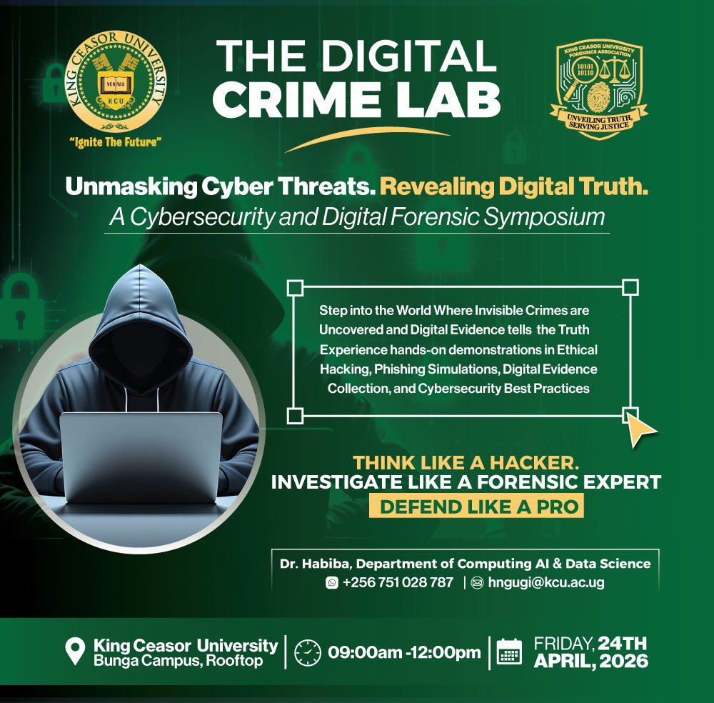 Join us at The Digital Crime Lab symposium for hands-on cybersecurity &amp; digital forensics experience.

🗓️ April 24, 2026
⏰ 9AM–12PM
📍 King Ceasor University

#CyberSecurity #DigitalForensics #EthicalHacking #TechEvents