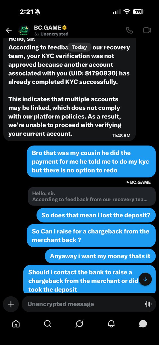 bcmon1077's tweet photo. @yikesqq @bcgame @Ellie_Lu_crypto Can you help me with this cant do kyc again and they wont give me my deposit its been 25 days or they just scamming me submitted all the proofs and after they they not even giving a chance to do kyc again so what to do to get the deposit pls someone help me with this shit https://t.co/pvtwwjB3m8