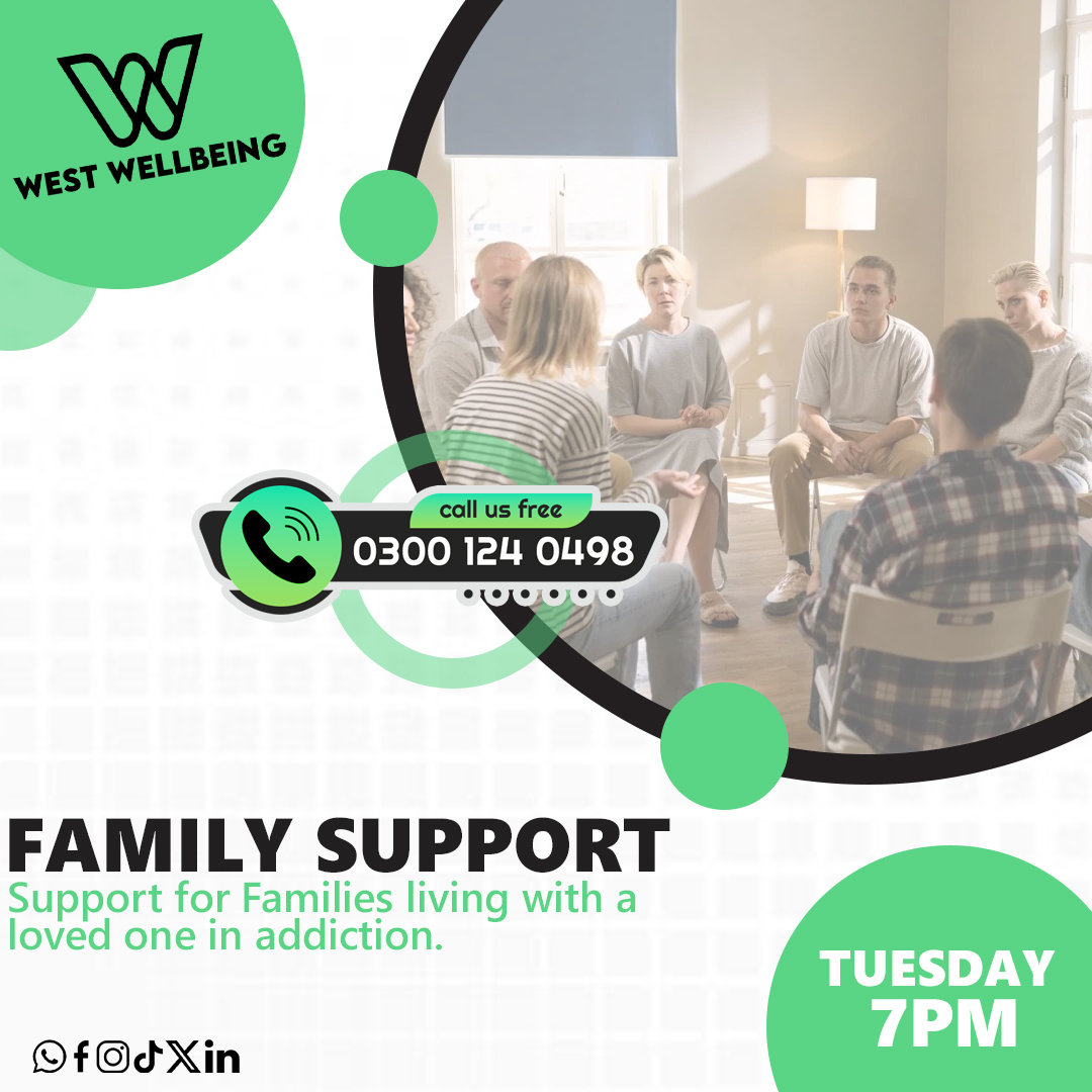 west_wellbeing's tweet image. Living with a loved one’s addiction can feel overwhelming — but you don’t have to face it alone 💚

Join our Family Support Group
🗓 Tuesday | ⏰ 7pm

A safe, understanding space to talk, listen, and connect with others who truly get it.

#YouAreNotAlone #FamilySupport