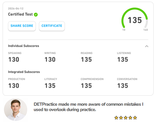 PracticeDET's tweet image. Scoring 135 on the Duolingo English Test

Lukas Weber used Mock Tests and AI Tutor on detpractice.com to sharpen his responses and stay consistent under pressure. 📈

👉 Try the 3-day FREE VIP and train with a smarter approach.

#DuolingoEnglishTest #DET #detpractice