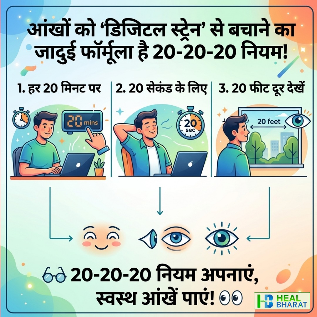 HealBharat's tweet image. घंटों स्क्रीन के सामने? चश्मा लगने से बचाएगा यह 'जादुई नियम'!
#HealBharat #EyeCareTips #DigitalEyeStrain #202020Rule #ScreenTimeManagement #EyeHealth #WellnessAwareness #PreventiveHealth #OfficeLife #WfhHealthTips
