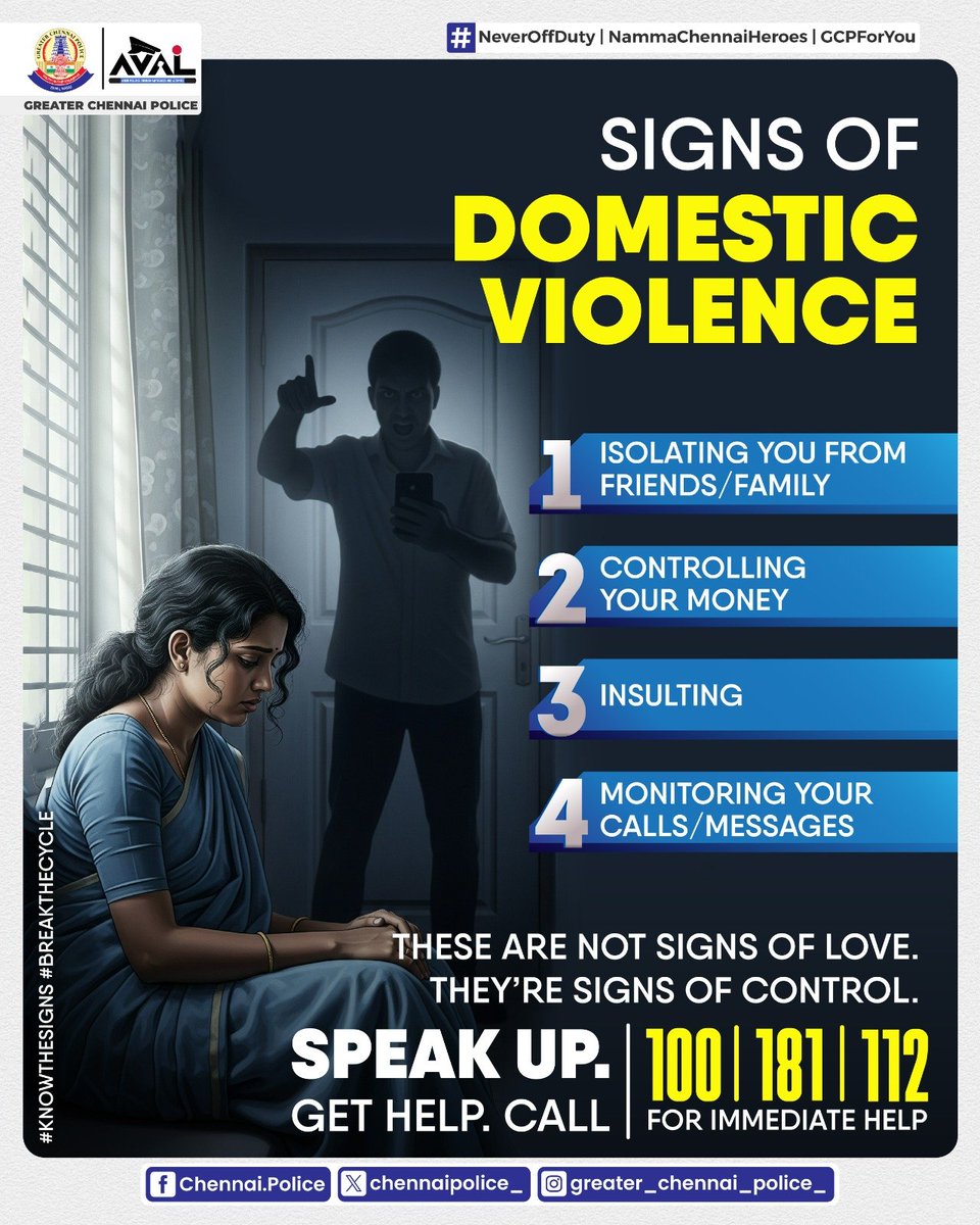 chennaipolice_'s tweet image. To Report Domestic Violence, reach out - Helpline: 181 / 112 / 100

#Awareness #Safety #Gcp #Aval