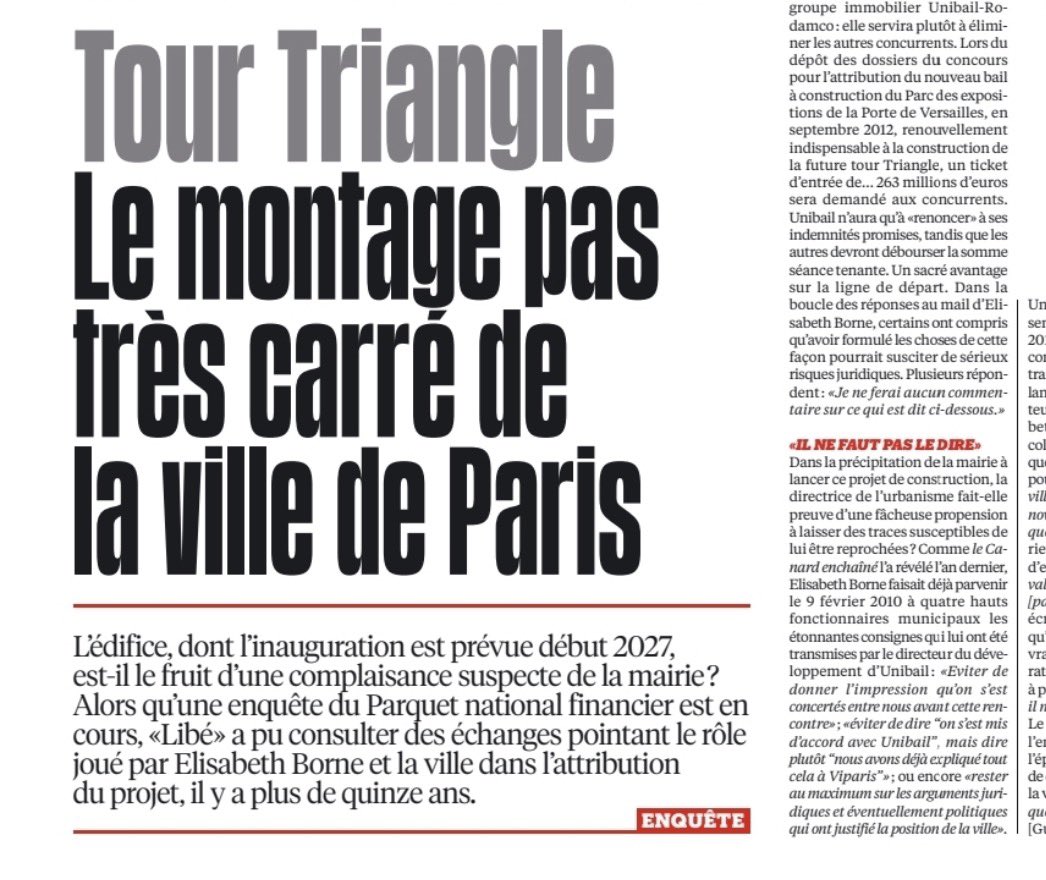 Double page dans Libération : le scandale de la tour Triangle se précise.
Nous l’avions dénoncé. Ce n’est qu’un début.
Emmanuel Grégoire doit faire toute la transparence sur les décisions prises.
