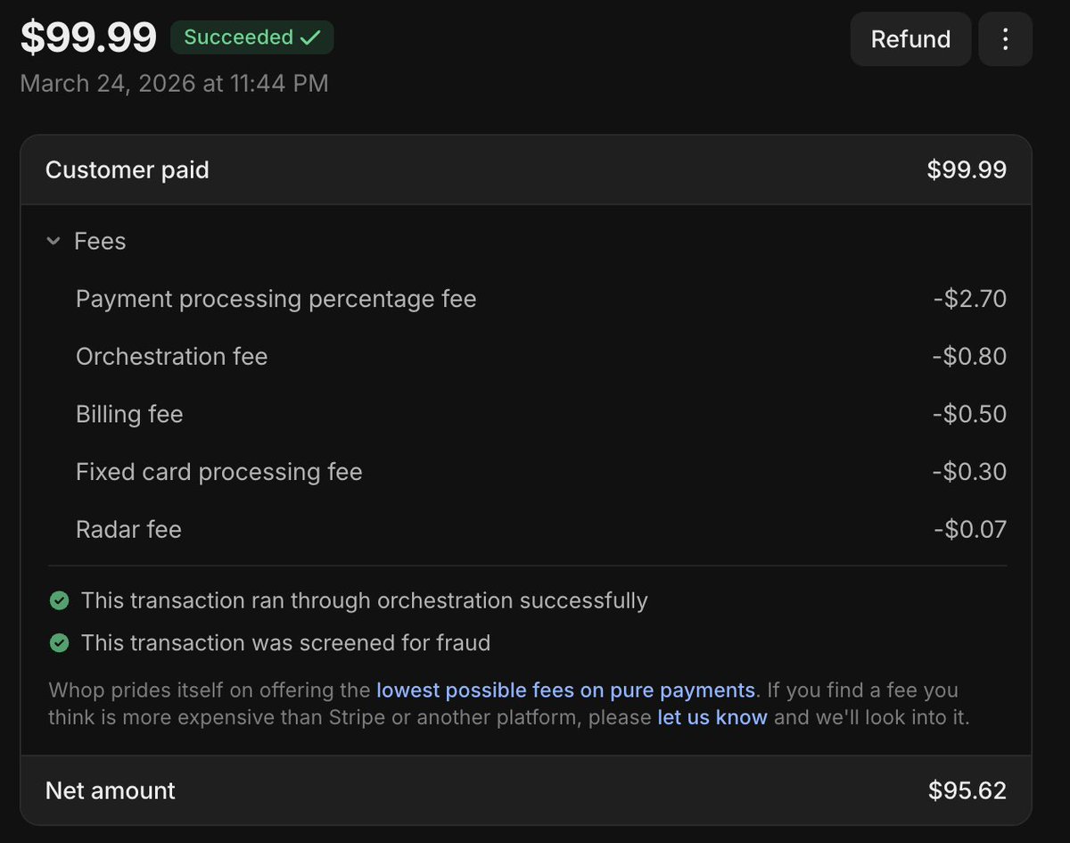 soumilelevates's tweet photo. If you use whop to process payments, you can:

- Half your processing fees
- Double your conversion rate
- Increase revenue by 10%

In like less than a minute

1. Processing fee hack

Have a look at the two attached screenshots, both are $99.99 payments

In the first one, I paid 3.5% fees (plus orchestration, more on that later)

In the other one, I paid 3% extra on top because of something called "platform fees"

This bullshit is charged when you add crap like telegram, discord or automation app in your whop

If you use whop just like a payment processor like me, avoid hosting these apps there

For automations, build something simple using n8n or vibe code a solution using their api/webhooks

2. Conversion rate hack

If you send a whop checkout link, the user has to complete OTP verification 

This drops conversions due to friction

If you embed the checkout on your site or app, this is skipped and it works normally like Stripe checkout

Just give this link to an ai to add checkout to your app or embed it - https://t.co/LnmSrQkBaE and https://t.co/xdhsFhbBjw 

It looks much better too (you can pre fill email + address to reduce friction even further)

3. Revenue collection hack 

Whop added orchestration, basically they use different processors to collect cash on your behalf

More processors = higher authorisation rate = more profit

0.8% extra fee is worth it in my opinion

Enable it by going to Settings -> Checkout

This is not a paid post btw, just sharing after using them for a month. It's not perfect but their auth rates are better than everything I tried like @stripe 

All payment processors are great except @dodopayments, bunch of indian scammers with a 0% auth rate who steal your money