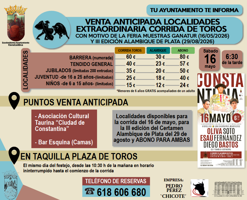 AytoConstantina's tweet photo. 🐃🎟️ VENTA ANTICIPADA DE LOCALIDADES PARA CORRIDA TOROS DEL SÁBADO 16 MAYO #CONSTANTINA DONDE TOMARÁ LA ALTERNATIVA DIEGO BASTOS
Posibilidad de adquirir las entradas del Certamen Alambique de Plata del 29 agosto o un abono conjunto 
Reservas ☎️ 618606680
@ppchicote @Const_taurina https://t.co/rqEVmPInHu