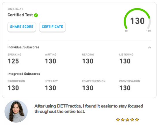 PracticeDET's tweet image. 🇫🇷 Camille Laurent scored 130 on the Duolingo English Test.
With Practice Tests and AI Correction on detpractice.com, she improved clarity and performance.
👉 Unlock your 3-day FREE VIP and start your own progress today.

#DuolingoEnglishTest #DET #detpractice
